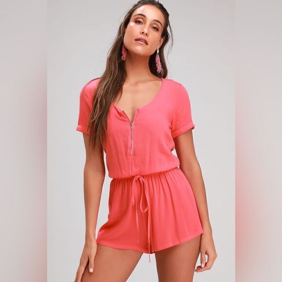 Lulus Pants - Lulu’s Kudos Coral Pink Short Sleeve Zip Romper
